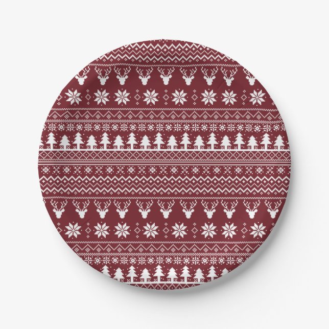 Prato De Papel Classic Red Reindeer Christmas Sweater Pattern (Frente)