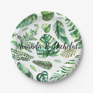 Prato De Papel Clássica Aquarela folhas tropicais verdes Casament