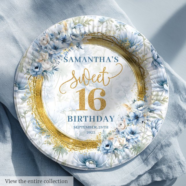 Prato De Papel Clássico Azul Doce 16 Glitter Dourado (Classic Light Blue Sweet Sixteen Gold Glitter Paper Plates)