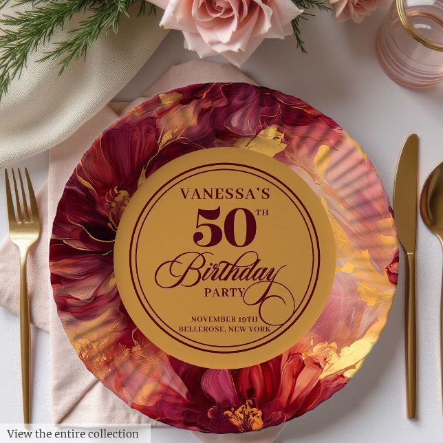 Prato De Papel Clássico Borgonha Blush Douradas Flores 50º Aniver (Classic Burgundy Blush Gold Flowers 50th Birthday Paper Plates)