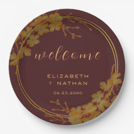 Prato De Papel Clássico Dark Burgundy e Dourado Floral