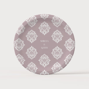 Prato De Papel Clássico Elegante Vintage Damask Rosa Pálido Casam