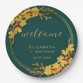 Prato De Papel Clássico Emerald Green Dourado Floral