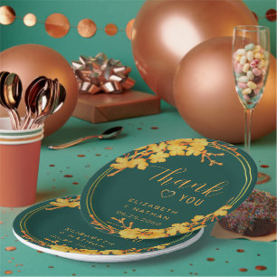 Prato De Papel Clássico Emerald Green e Dourado Casamento Obrigad