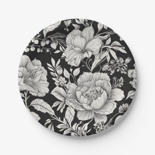 Prato De Papel Clássico Floral Preto e Branco Vintage