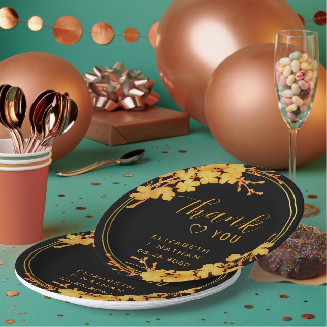 Prato De Papel Clássico Luxo Negro e Dourado Casamento Obrigado (Múltiplo)
