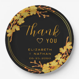 Prato De Papel Clássico Luxo Negro e Dourado Casamento Obrigado