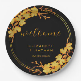 Prato De Papel Clássico Luxo Preto e Dourado Floral