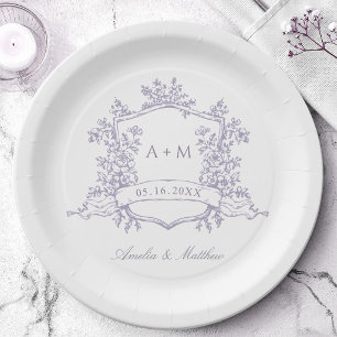 Prato De Papel Clássico Monograma Floral de Lavanda para Casament