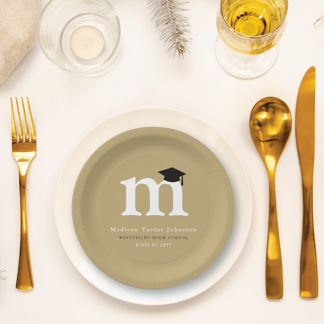Prato De Papel Clássico Monograma M Simples Festa de Formatura Mo (Simple Classic Graduate's Monogram Modern Graduation Party Paper Plate @ zazzle.com/color_therapy)