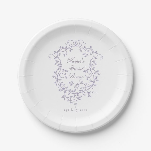 Prato De Papel Classy French Lavender Floral Crest Bridal Shower (Frente)
