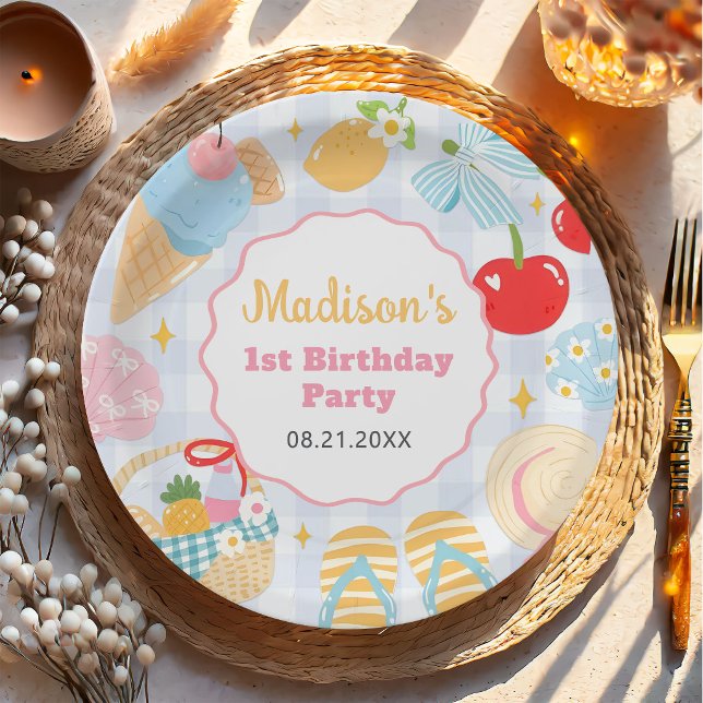 Prato De Papel Coastal Beach Pastel Doodle Girls Birthday (Criador carregado)