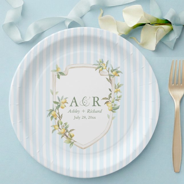 Prato De Papel Coastal Mediterranean Lemon Crest Wedding (elegant mediterranean lemon monogram crest coastal pale blue white stripe wedding paper plates)