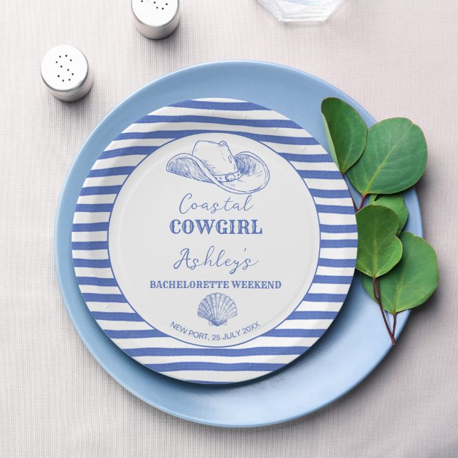 Prato De Papel Coasteira Cowgirl Bachelorette impresso no fim de  (Coastal Cowgirl Bachelorette weekend party personalized printed Paper Plates dusty blue nautical)