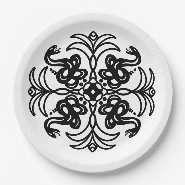 Prato De Papel Cobra de Tribal Negro e Branco (Frente)