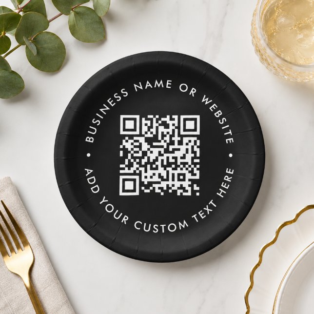 Prato De Papel Código QR | Black Modern Business Event (Custom QR code paper plates for business events, menus, bookings, and promo tableware.)