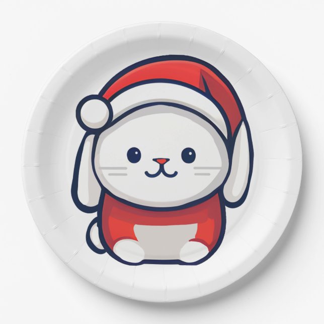 Prato De Papel Coelhinho Bonito de Natal com chapéu de Papai Noel (Frente)