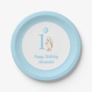 Prato De Papel Coelhinho Bonito e Balão Azul Feliz Aniversário 1