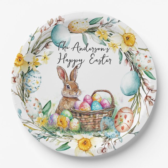 Prato De Papel Coelhinho com ovos decorativos, Páscoa floral (Frente)