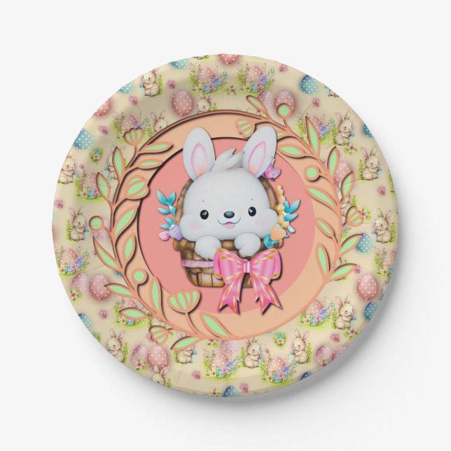 Prato De Papel Coelhinho de Páscoa bonito sentado no cesto (Frente)