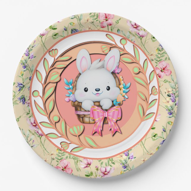 Prato De Papel Coelhinho de Páscoa bonito sentado no cesto (Frente)