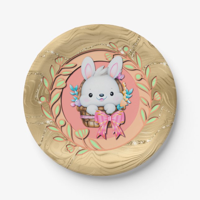 Prato De Papel Coelhinho de Páscoa bonito sentado no cesto (Frente)