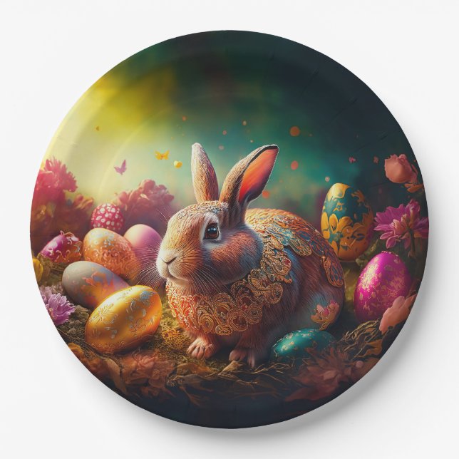 Prato De Papel Coelhinho felz pascoa com ovos de Páscoa (Frente)