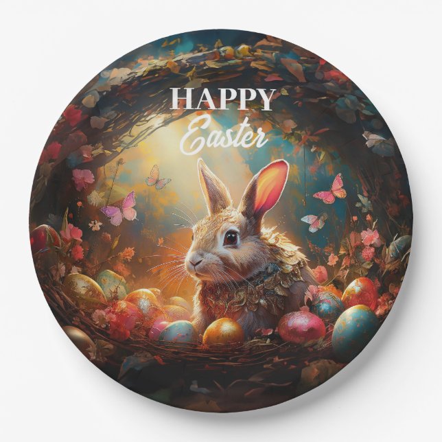 Prato De Papel Coelhinho felz pascoa com ovos de Páscoa (Frente)