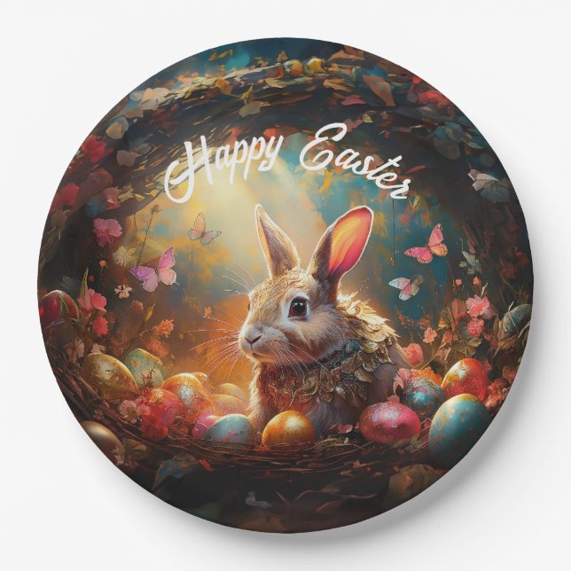 Prato De Papel Coelhinho felz pascoa com ovos de Páscoa (Frente)