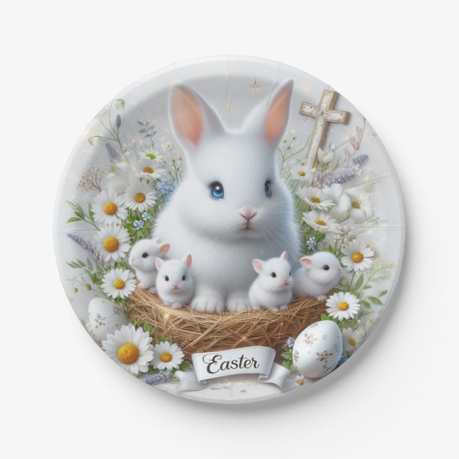 Prato De Papel Coelhinhos de Páscoa com Bebês, Ovos, Visitas (Frente)