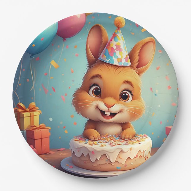 Prato De Papel Coelho Adorável Comemorando Aniversário com Bolo (Frente)