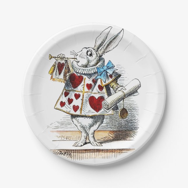 Prato De Papel Coelho Branco Alice Wonderland Hearts (Frente)