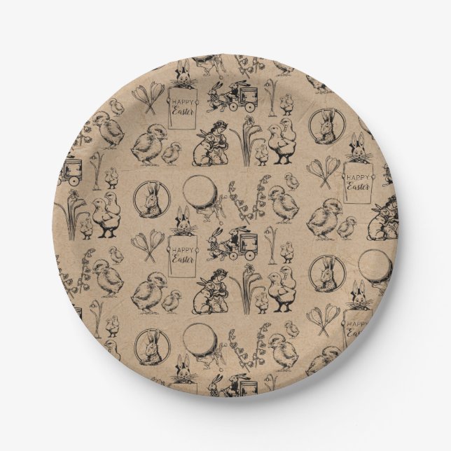Prato De Papel Coelho da Páscoa e Pintinho Kraft Brown (Frente)