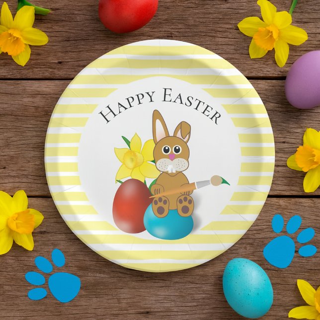Prato De Papel Coelho Feliz da Páscoa com Festa de Ovos de Feriad (Happy Easter paper plate with collage bunny & eggs artwork.  A charming plate for family brunch. )