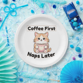 Prato De Papel Coffee First Naps Later Cute Cat | Kawaii Coffee 