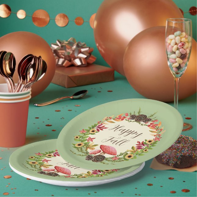 Prato De Papel Cogumelo e girassóis com texto personalizável (Múltiplo)