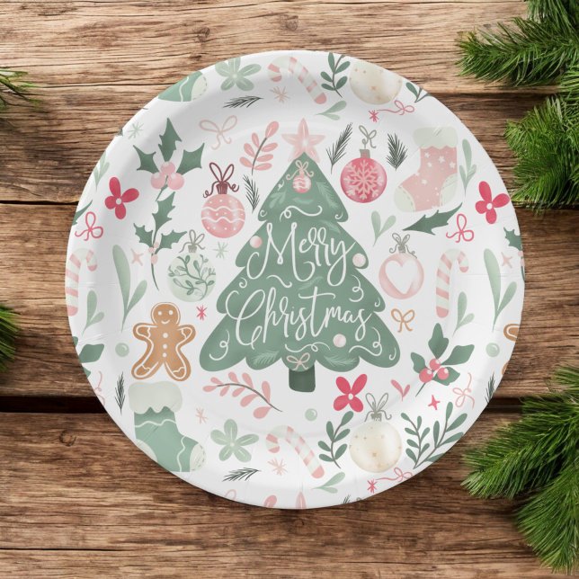 Prato De Papel Coisas de Natal bonitas Padrão de Ilustração (Cute retro Christmas things Illustration Pattern Paper Plates)
