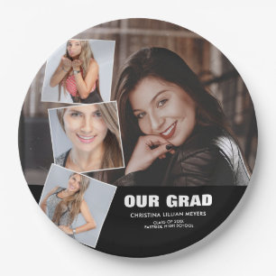 Prato De Papel Colagem de Fotos de Graduação Quatro Fotos Preto