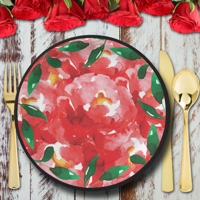 Prato De Papel Colagem Floral Rosas Vermelhas Chic (Chic red roses collage floral paper plates)