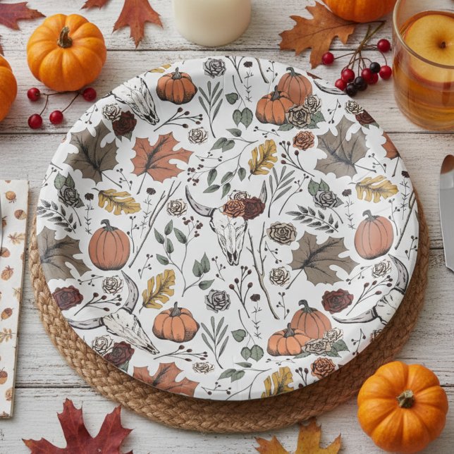 Prato De Papel Colheita de Cobras - Padrões de Ação de Graças (Chic Rustic Floral Cow Skull Pattern Autumn Paper Plates. Country Western & Slightly Gothic Style)
