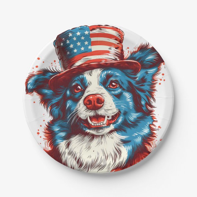 Prato De Papel Colie de fronteira com um chapéu de bandeira ameri (Frente)