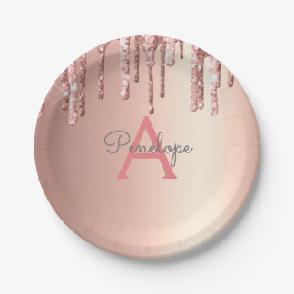 Prato De Papel Colírio cor-de-rosa Dourado rosa e monograma de fa