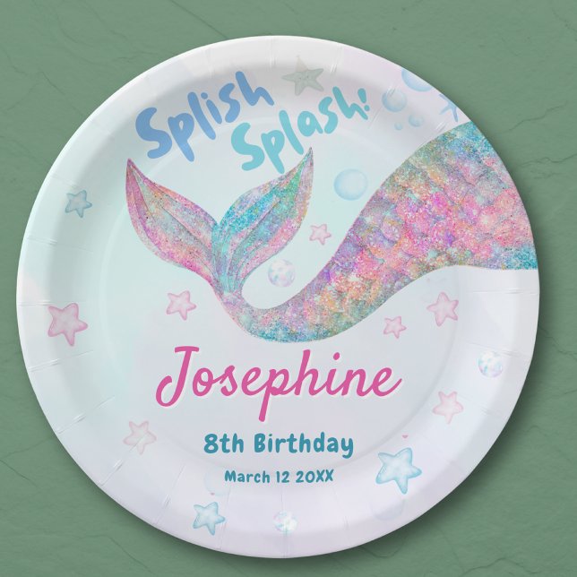 Prato De Papel Colorful Mermaid watercolor birthday (Criador carregado)