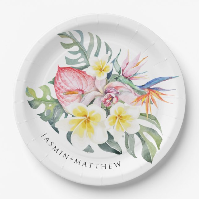 Prato De Papel Colorful Tropical Floral Botanical Wedding  (Frente)
