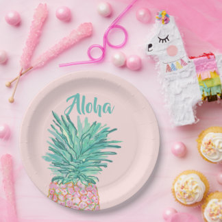 Prato De Papel Colorful Tropical Pineapple Monogram