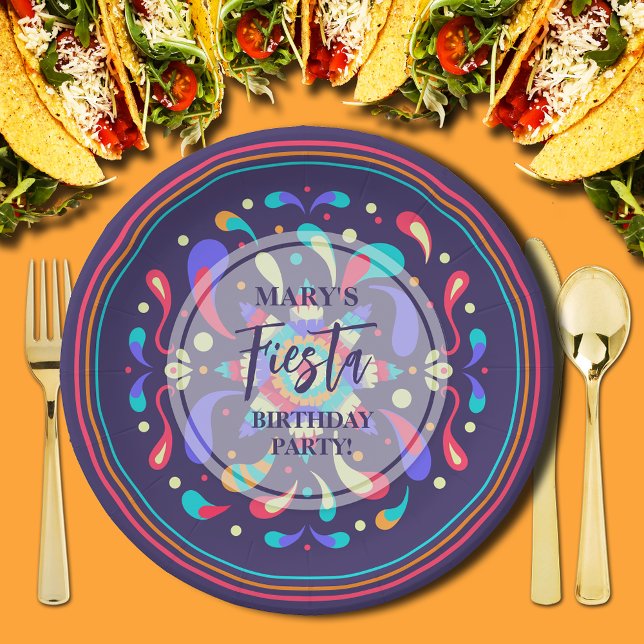 Prato De Papel Colorida Fiesta Blue (Colorful Fiesta Blue Birthday Paper Plates)