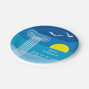 Prato De Papel Colunas gregas e gaivotas Casamento grego de praia