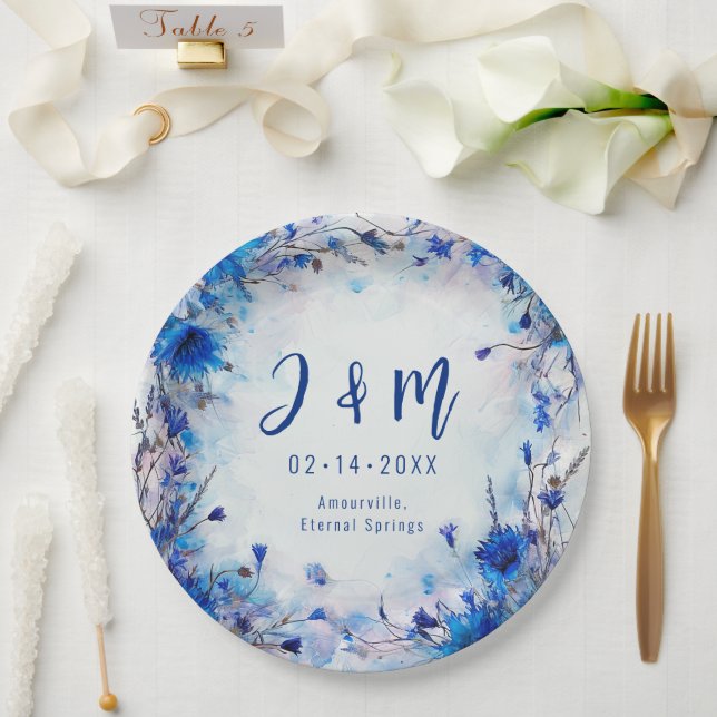 Prato De Papel 💍 com as iniciais Cornflower e Elegance Lavanda (Casamento)