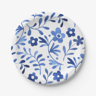 Prato de papel com desenho floral azul