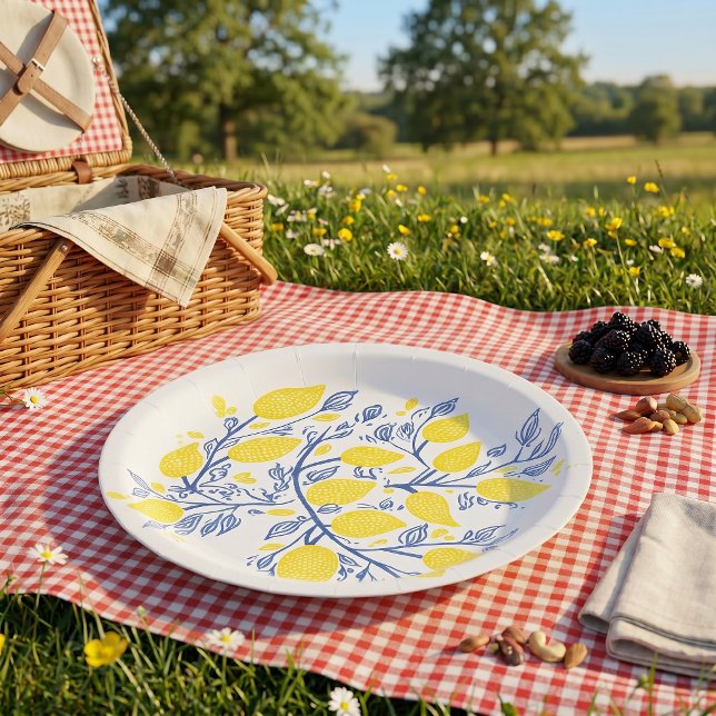 Prato de Papel com Efeito de Xilogravura de Videir (Delicate Lemon Vines Woodcut Effect Paper Plate)